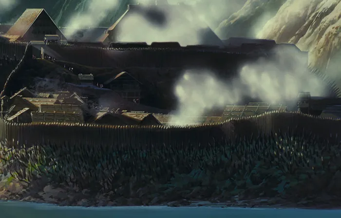 Distant view of Irontown as seen in Princess Mononoke